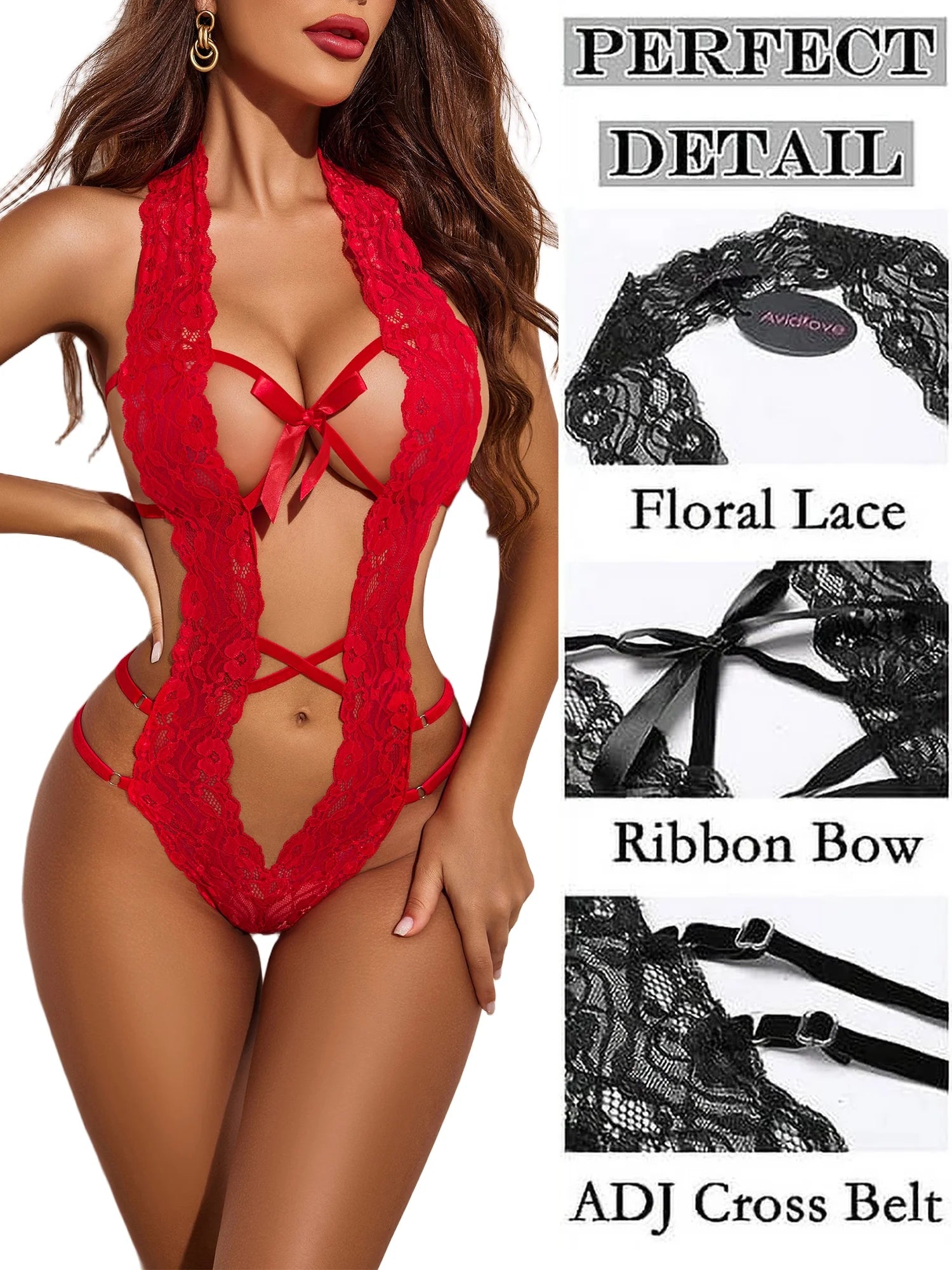 Women Lace Lingerie Deep V Halter Bodysuit One Piece Underwear Red