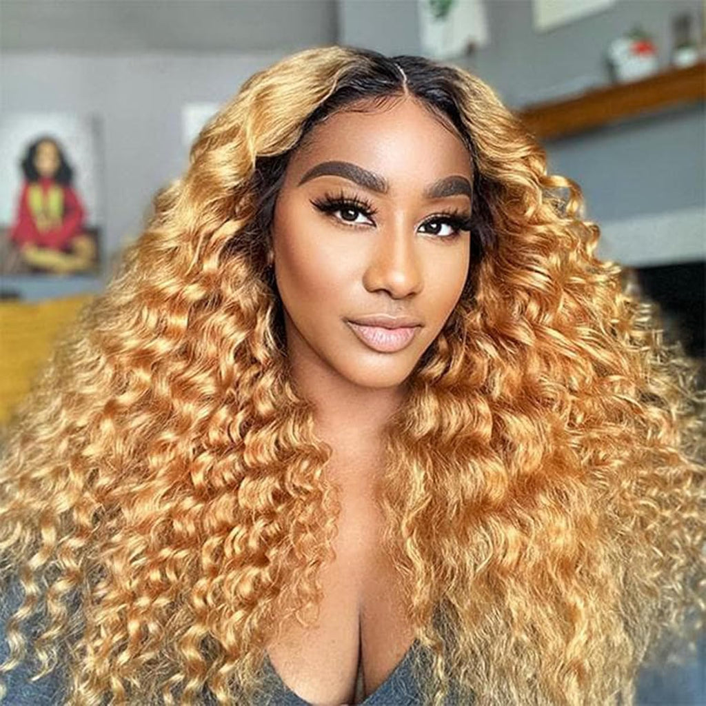 Omber Brown 27 Jerry Curly Lace Front Wigs Human Hair Colored Lace Frontal Wig for Women 4X4 HD Lace Blonde Curly Wig Human Hair Pre Plucked with Baby Hair 200% Density